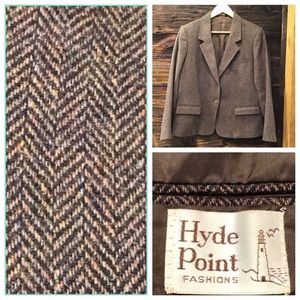 Vintage Tweed Wool Blazer Button Front Structured Chevron Suit Jacket SZ 14